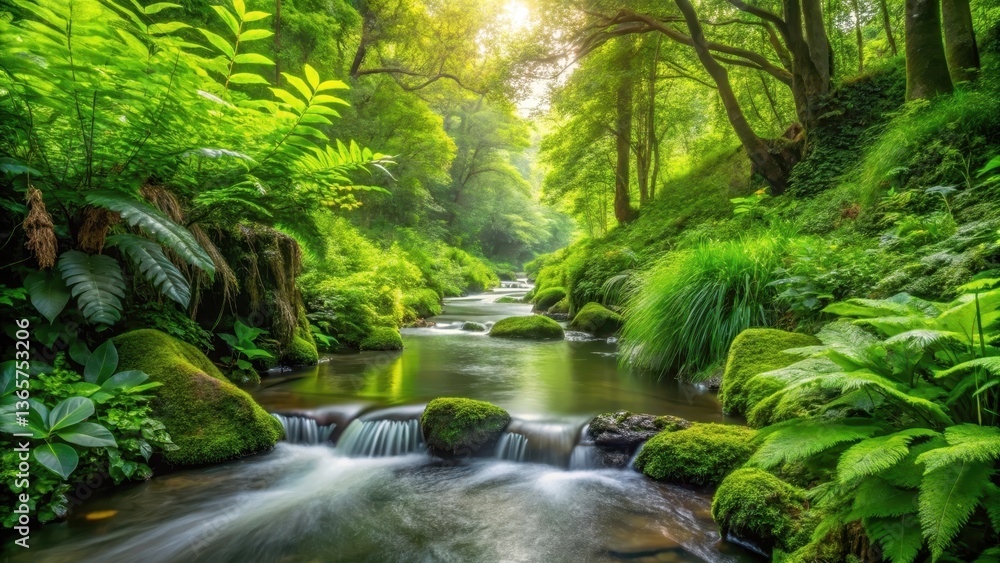 Stream surrounded by lush green plants with water droplets and leaves, greenery, calm, greenery, calm, forest, environment Stream surrounded by lush green plants with water droplets and leaves, greenery, calm, greenery, calm, forest, environment