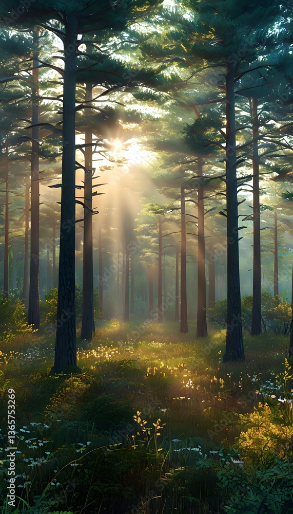 Obraz premium A breathtaking digital artwork of a sunlit forest with tall pine trees bathed in golden sunlight. The warm sun rays filter through the lush green foliage, creating a magical and peaceful atmosphere. T