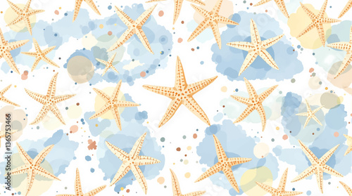 Seamless watercolor pattern of hand drawn nautilus shells and smooth sea pebbles on a white background, Watercolor pattern shells on white background	