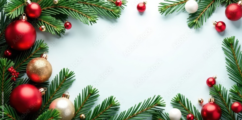 Festive red, green & white ornaments and pine branches form a Christmas border , winter, background Festive red, green & white ornaments and pine branches form a Christmas border , winter, background