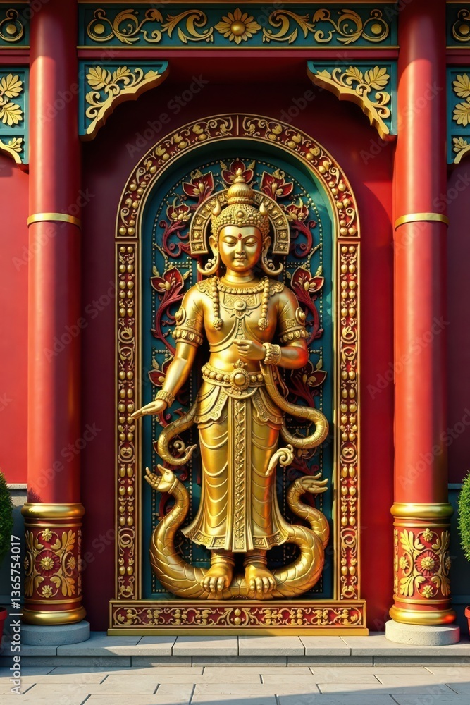 Fototapeta premium Gleaming golden chedi, intricate wall carvings, vibrant colors, architecture, wat, wall