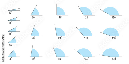Angles degrees template set. Collection of Geometry and mathematics symbols. Measure rotation design element. Kit of angles 10, 20, 30, 40, 50, 60, 70, 80, 90, 100, 110, 120, 130, 140, 150, 160, 170