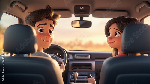 Cartoon couple drives together admiring sunset view during road trip