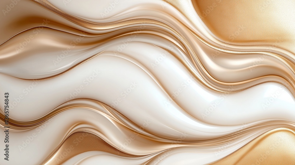 Obraz premium Luxurious abstract background of gold and cream marble waves in fluid motion. A smooth, flowing texture with metallic detailing, ideal for high-end product mockups, backgrounds