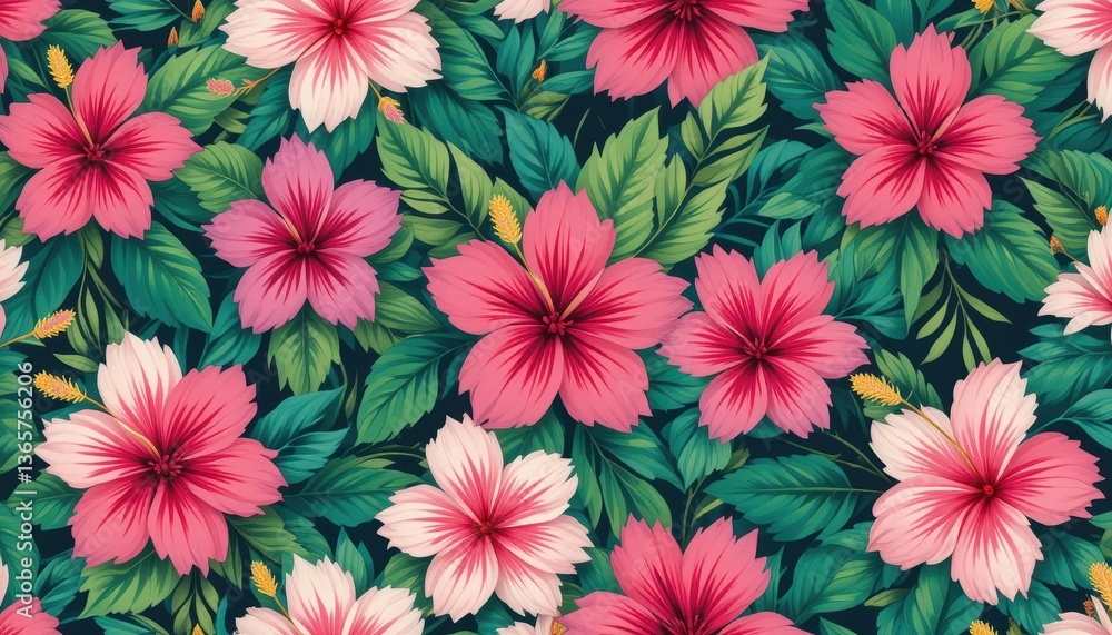 Obraz premium Vibrant hibiscus flowers tropical garden floral pattern lush environment aerial view nature beauty