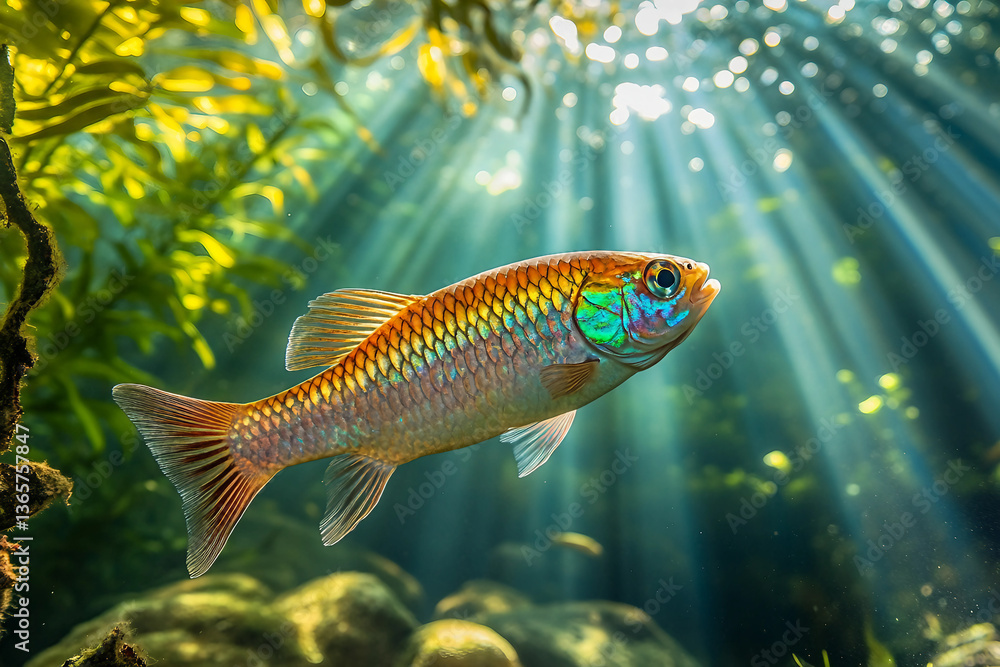 Fototapeta premium Radiant Rainbow Shiner fish shimmering in aquatic sunshine with vivid multihued scales generative AI creation