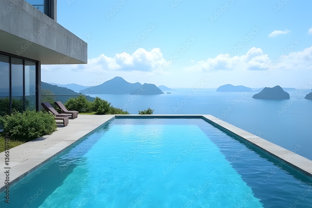 Fototapeta premium Tranquil infinity pool overlooking a breathtaking seascape of islands under a bright, clear sky.