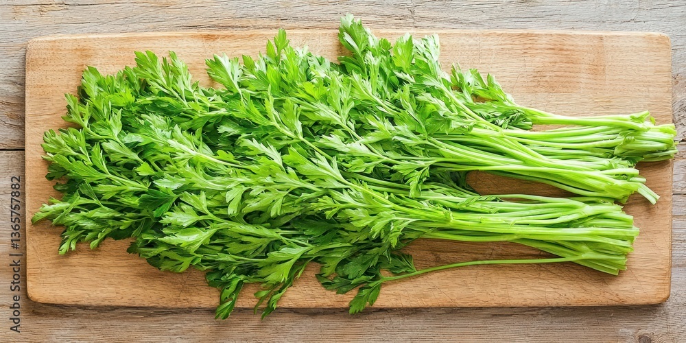 Green leafy carrot tops placed on cutting board Green leafy carrot tops placed on cutting board