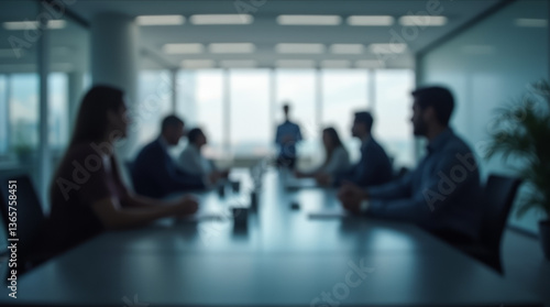 Blurred scene of a meeting in an office with large windows and a modern interior
