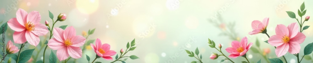 Fototapeta premium Soft pastel hues of spring background with delicate floral patterns and fresh greenery, petals, garden