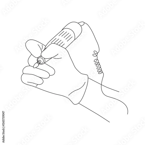 Woman outline hand in glove holding professional manicure apparatus with cutter for remove cuticle from nails by master. Vector electric tool with drill for salon beauty procedure by manicurist. Line