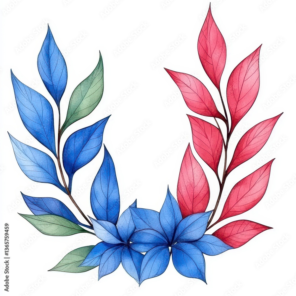 Obraz premium Elegant Watercolor Floral Wreath with Blue Green and Red Leaves on White Background