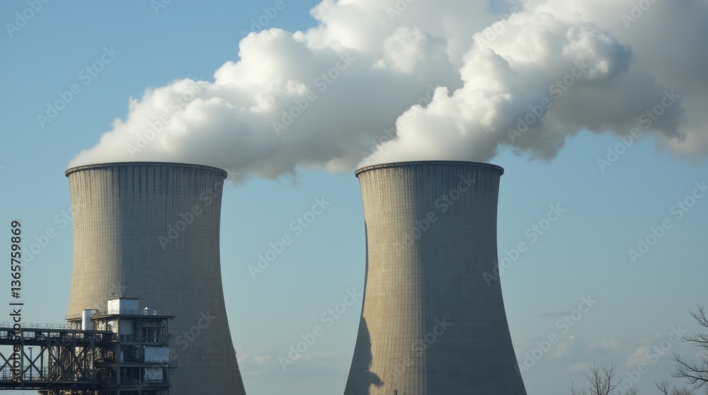 Close-up of large industrial chimneys from a power plant, releasing dense smoke into the atmosphere, with metal frameworks and industrial pipes visible in the background Close-up of large industrial chimneys from a power plant, releasing dense smoke into the atmosphere, with metal frameworks and industrial pipes visible in the background