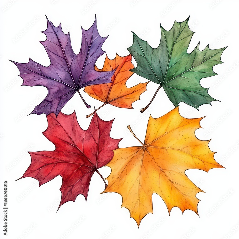 Fototapeta premium Five Colorful Maple Leaves in Autumnal Arrangement