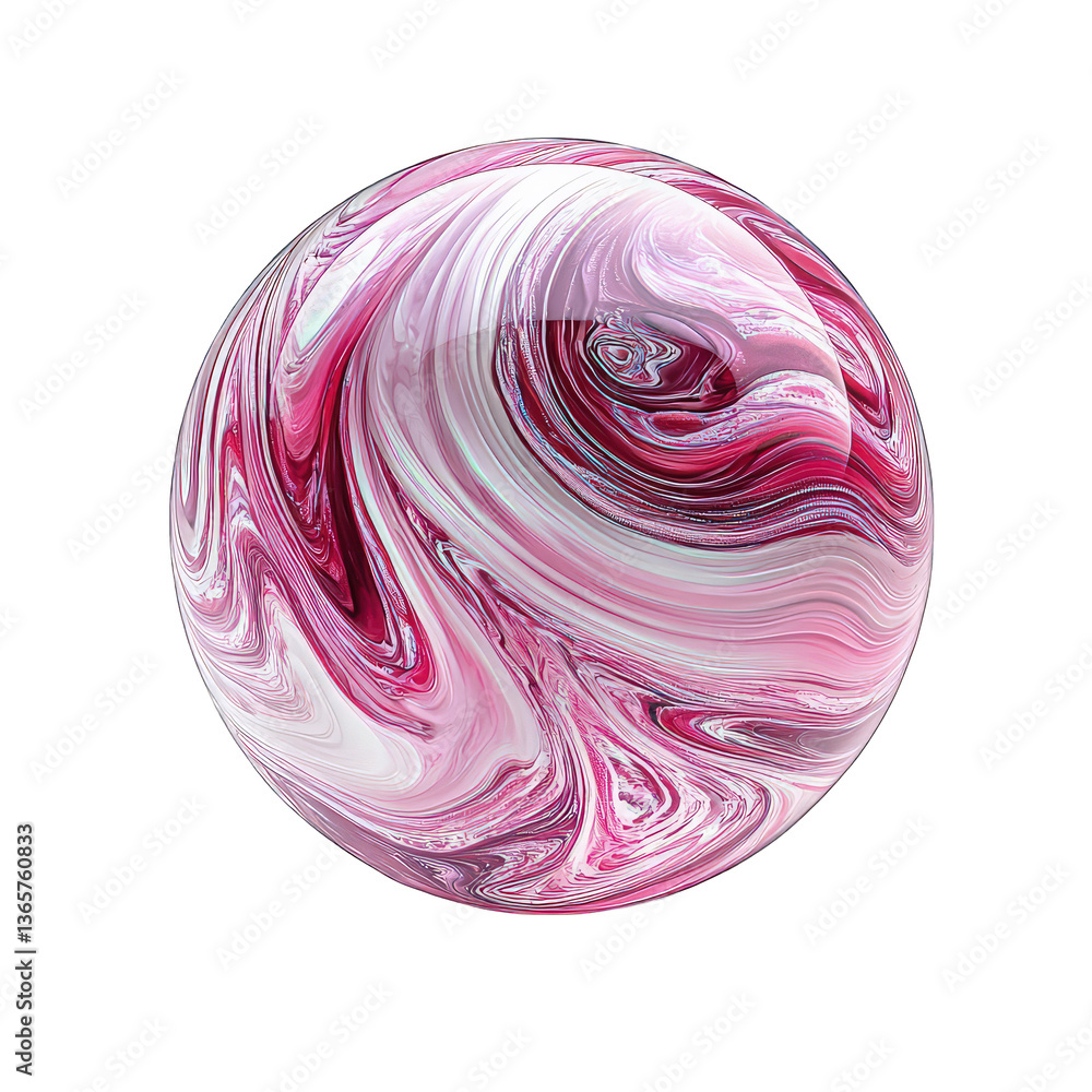Obraz premium Pink and white marbled glass sphere isolated on a clean white background. Fluid swirl texture and glossy highlights. Modern elegance and creative flow. Ideal for branding, posters