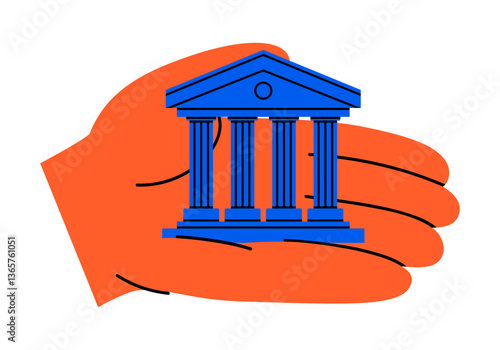 Hand drawn cute cartoon illustration hand holding courthouse. Flat vector court building in arm doodle. Facade with column icon or print. Justice and law. Control. Government legislation. Isolated.