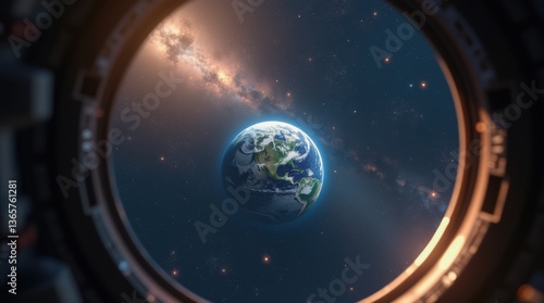 Fototapeta Naklejka Na Ścianę i Meble -  Close-up view from inside a spacecraft, looking out through a round window at Earth floating in space, surrounded by glittering stars and distant glowing planets