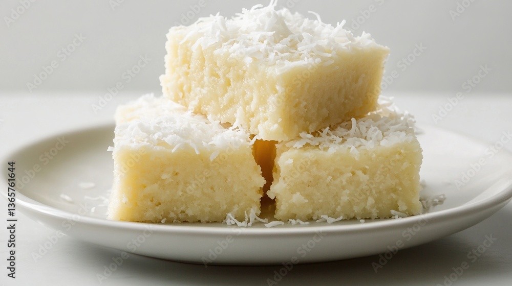 Three coconut squares on a plate. Three coconut squares on a plate.