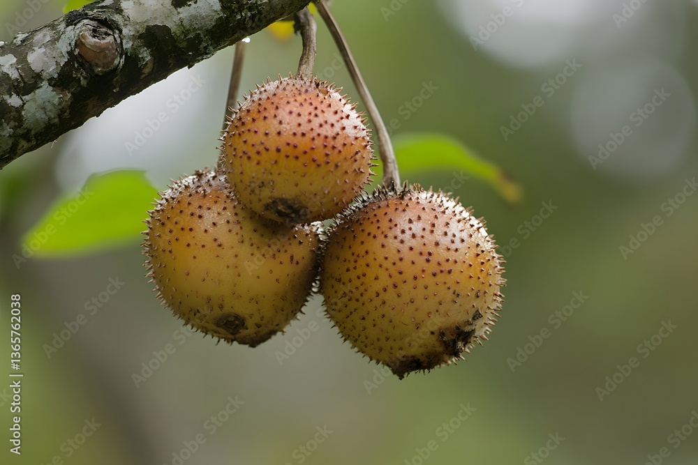Three Spiny Fruits Hanging on Branch Closeup Three Spiny Fruits Hanging on Branch Closeup