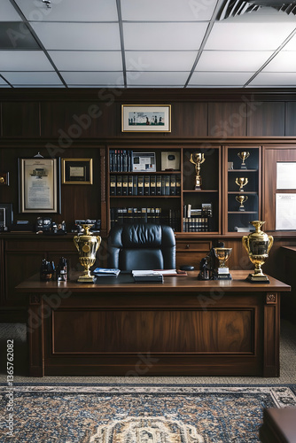 A school principal’s office with a desk and trophies  -  