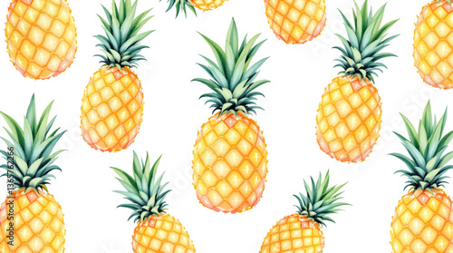 Vibrant watercolor pineapple pattern on a clean white background