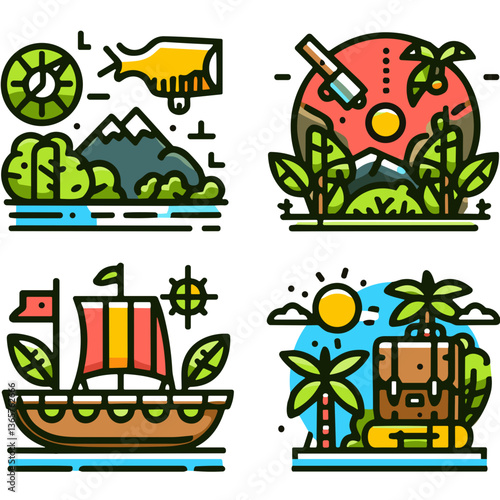 Scenic Illustrations of Nature and Adventure in Bright Colors. Amazon jungle expeditions  