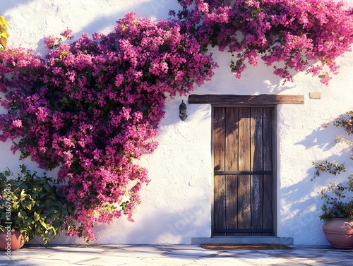 Fototapeta Naklejka Na Ścianę i Meble -  A beautiful bougainvillea plant covers the wall of an old Spanish house with a wooden door.