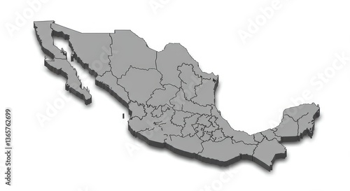 Isometric Mexico Map Illustration with States and Shadow on White Background