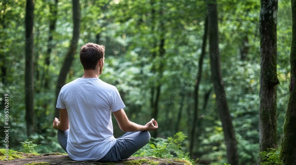 Obraz premium Serene Meditation in Nature: A person finds tranquility amidst the lush greenery of a forest, practicing meditation and embracing the calmness of the environment.