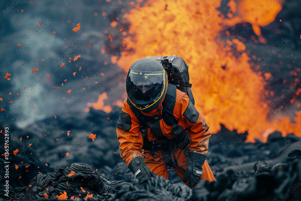 Scientist observing volcanic eruption with thick smoke and molten lava in extreme conditions, generative ai Scientist observing volcanic eruption with thick smoke and molten lava in extreme conditions, generative ai