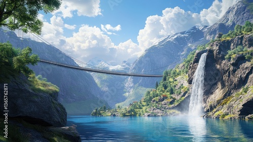 Suspension bridge over fjord, waterfall, village. Tourism postcard