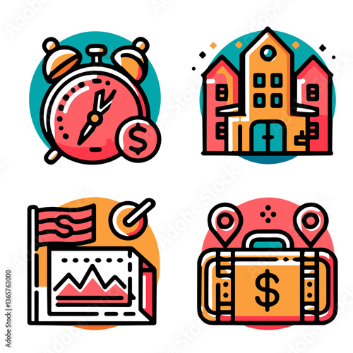 Business icons symbolizing finance, investment, and time management. Budget accommodations  