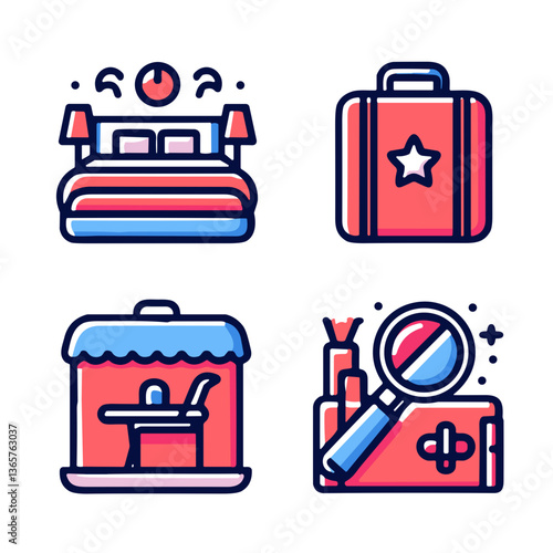 Travel Icons Featuring Bed, Suitcase, Shop, and Magnifying Glass. Budget accommodations  