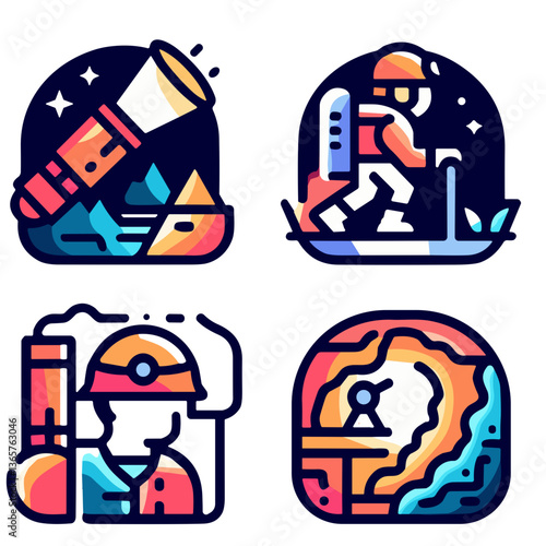 Adventure Exploration Icons in Bright Colors for Science Themes. Caving and spelunking  