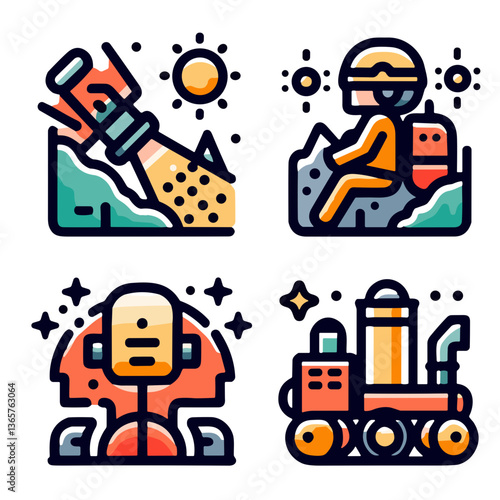 Space Exploration Icon Set in Colorful Flat Design. Caving and spelunking  