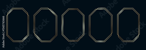 Golden Frames Set. Thin Line Gold Borders Luxury Minimalist Collection. Premium Vector Brass Outline Geometric Rectangles. Linear Decorative Banners with Black Background Isolated