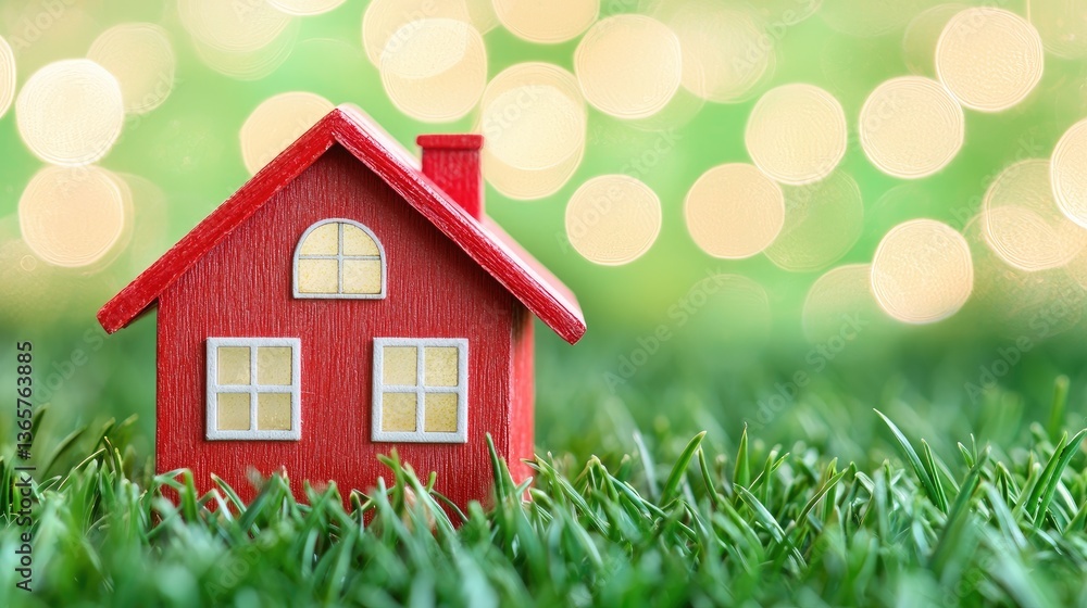 Miniature red house in grass, bokeh background, home ownership, real estate Miniature red house in grass, bokeh background, home ownership, real estate
