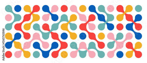 Dots metaball pink, green, yellow, red and blue pattern. Abstract round shapes on a white background. Connected vector spots. Geometric  decorative molecules. Texture. Modern minimalistic design.