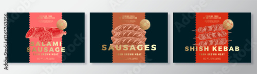 Salami Sausages Pork Kebab Vector Packaging Label Design Templates Set. Product Banner, Hand Drawn Meat, Beef and Poultry Sketches. Food Background Layout with Gold Foil Isolated
