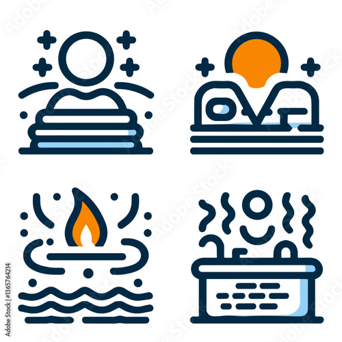 Wellness Icons Representing Relaxation and Self-Care. Hot springs bath   