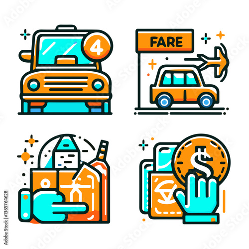 Transportation infographic with icons depicting fare and payment. Ride fare  