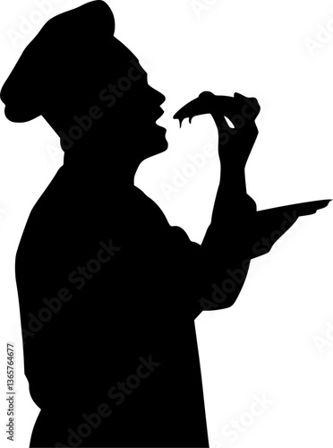 An Italian  chef eating a delicious slice of pizza holding a plate vector silhouette  