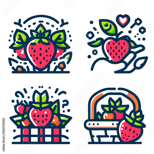 Colorful Strawberry Illustrations Featuring Fresh Fruits. Strawberry picking   