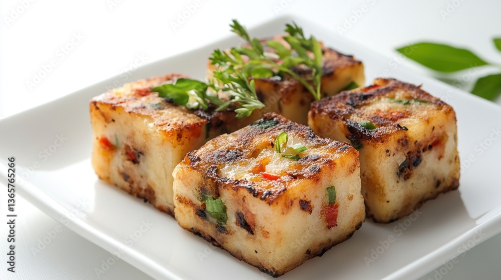 Four crispy pan-fried potato cubes, garnished with herbs, on a white plate. Four crispy pan-fried potato cubes, garnished with herbs, on a white plate.