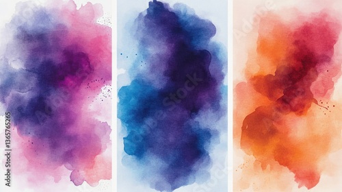 Abstract watercolor paint splatters, three vertical panels of vibrant color blends.