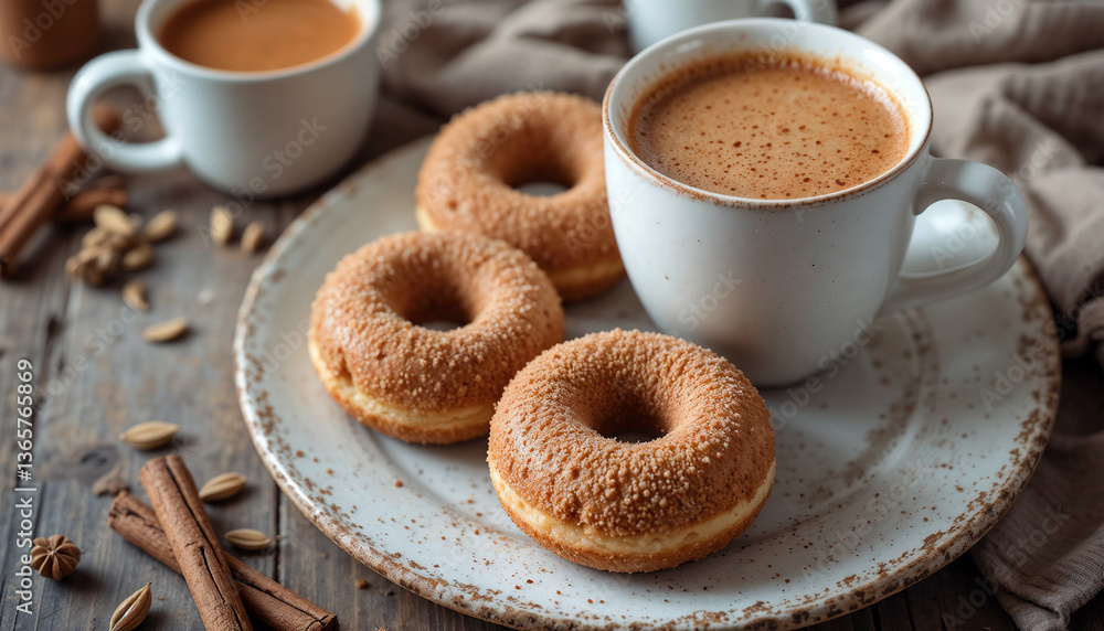 Freshly baked cinnamon donuts with a hot cup of coffee on a rustic plate, surrounded by cinnamon sticks and spices, on a cozy wooden table with soft natural lighting Freshly baked cinnamon donuts with a hot cup of coffee on a rustic plate, surrounded by cinnamon sticks and spices, on a cozy wooden table with soft natural lighting