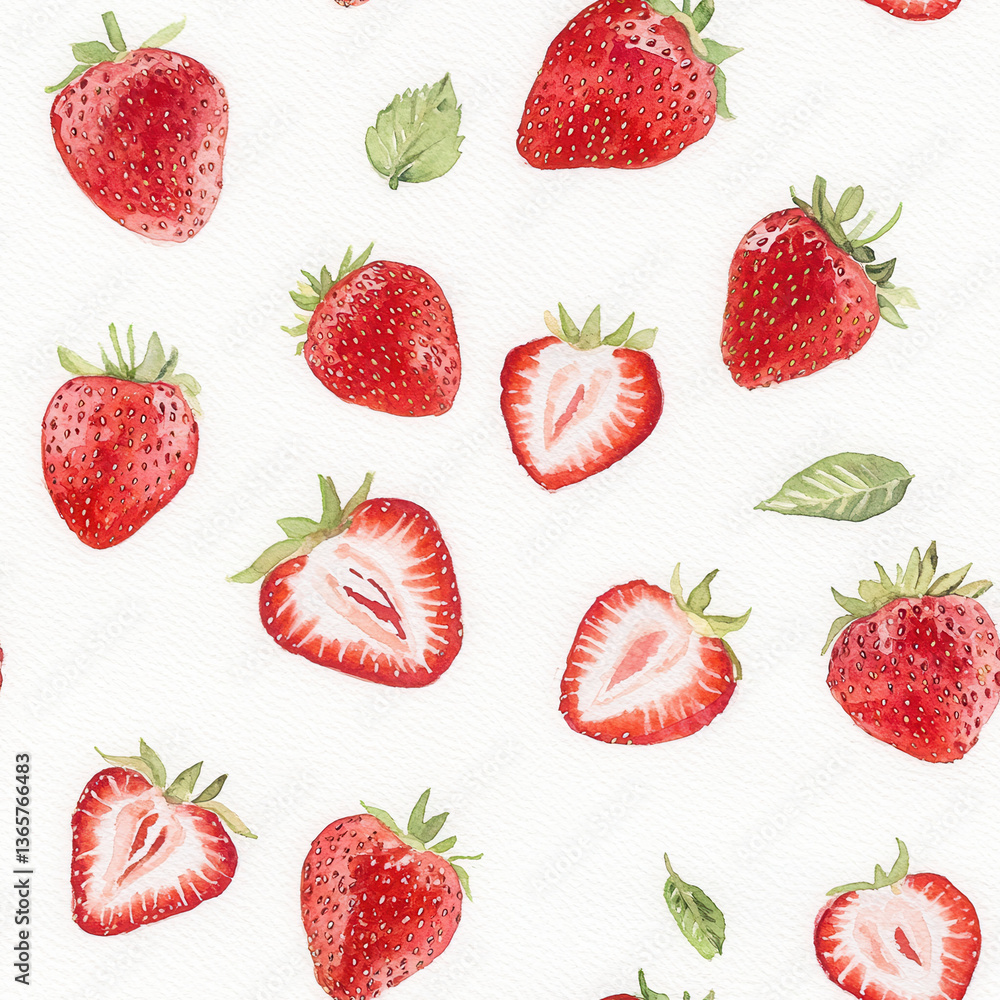 Fresh strawberries in watercolor style, showcasing whole and sliced fruit with green leaves, creating vibrant and appetizing pattern. Perfect for food related designs Fresh strawberries in watercolor style, showcasing whole and sliced fruit with green leaves, creating vibrant and appetizing pattern. Perfect for food related designs