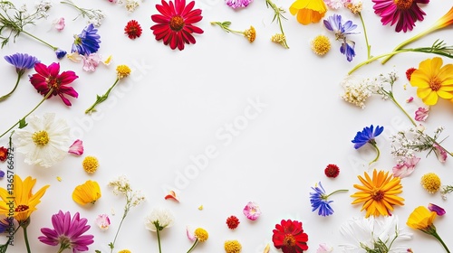 Beautiful colorful flowers arranged on a simple white background border