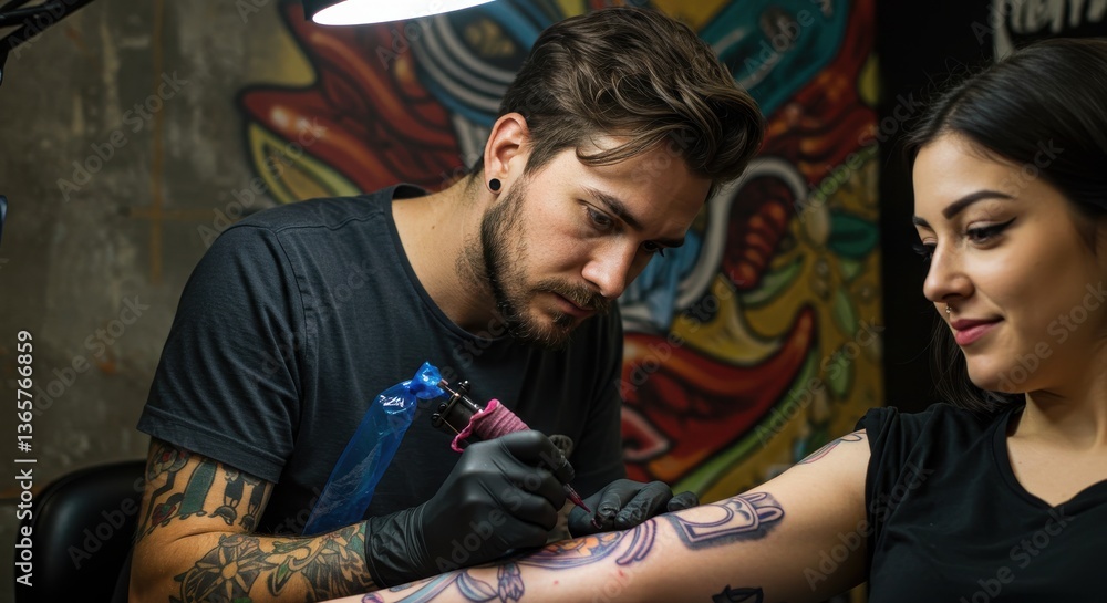 Tattoo artist meticulously inking a design on a client's arm in a vibrant studio with artistic murals Tattoo artist meticulously inking a design on a client's arm in a vibrant studio with artistic murals