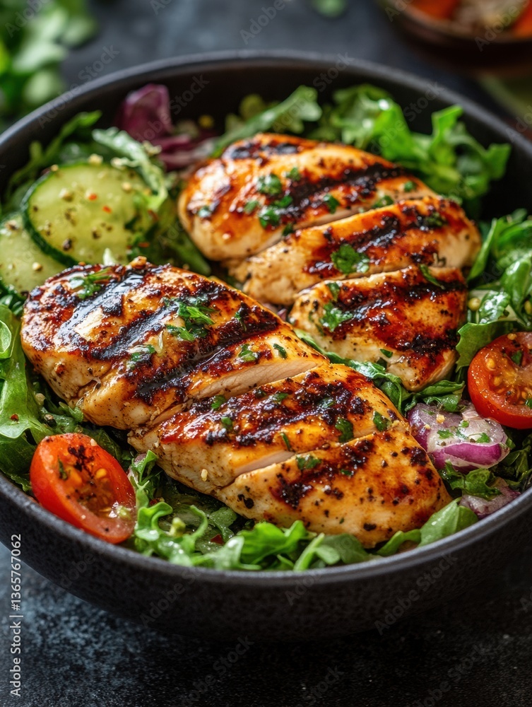 Bowl of grilled whole chicken breasts and salad Bowl of grilled whole chicken breasts and salad